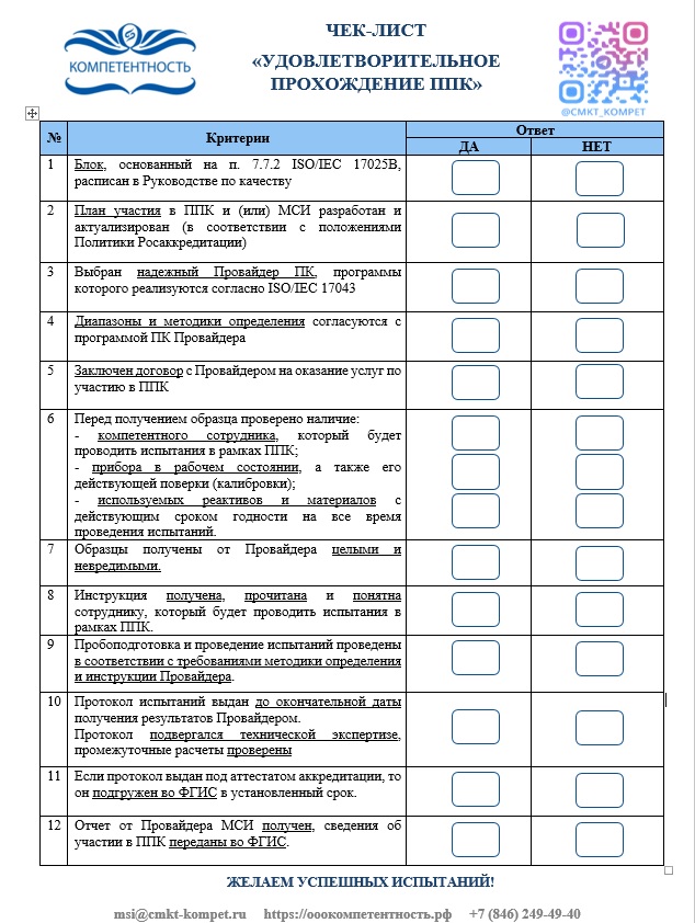 Чек лист: удовлетворительное прохождение ППК/МСИ